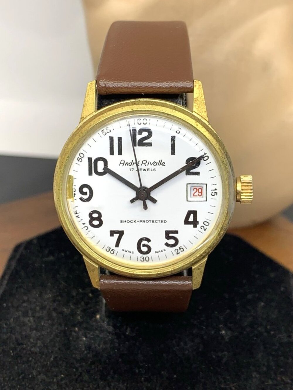 Andre Rivalle Men's Watch 8800 Vintage Swiss Hand Wind Brown Leather Strap